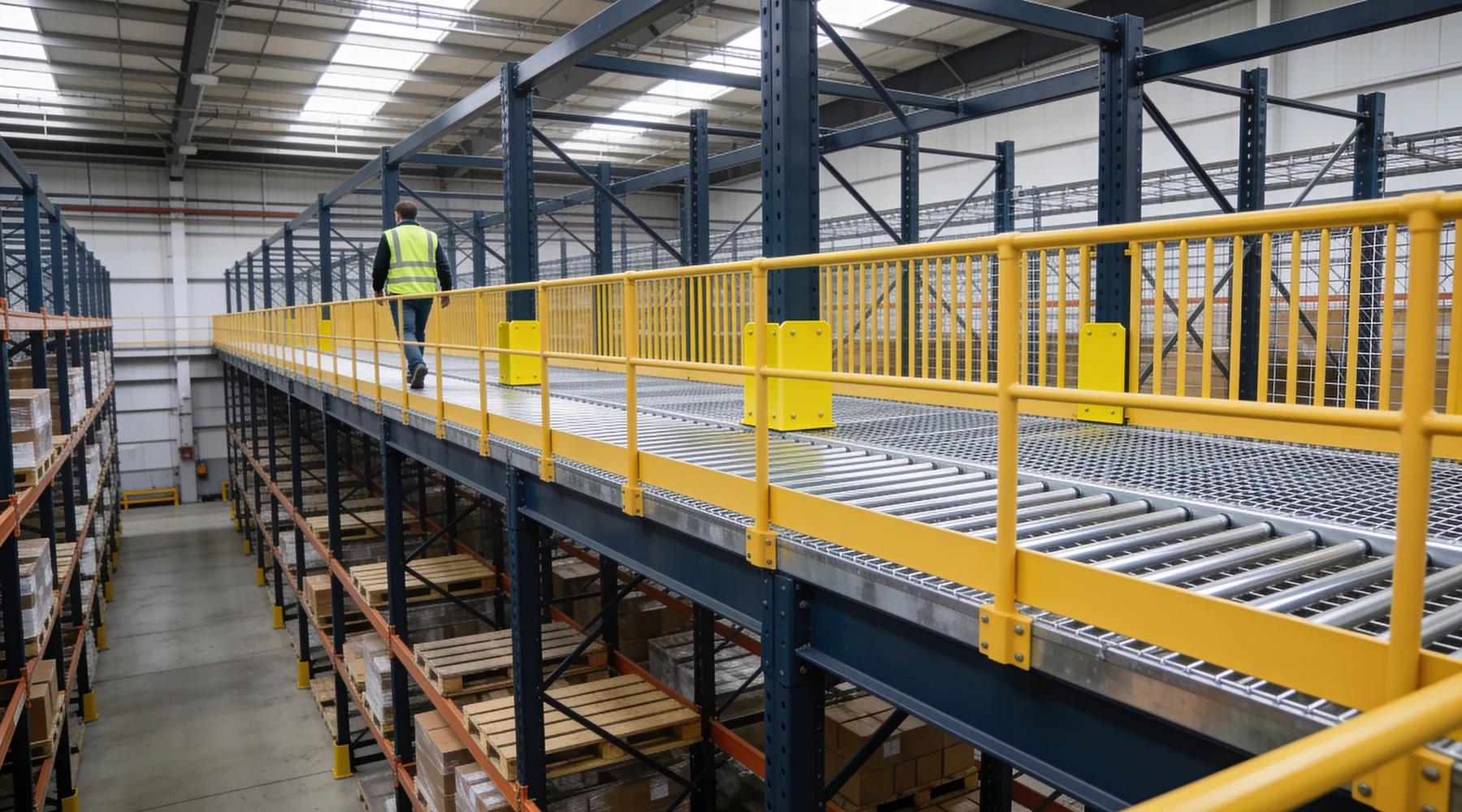 Two-level pallet rack mezzanine in a fulfillment center with slate-blue rack uprights supporting a bar-grating platform, pallet storage continuing below and a worker on the upper catwalk