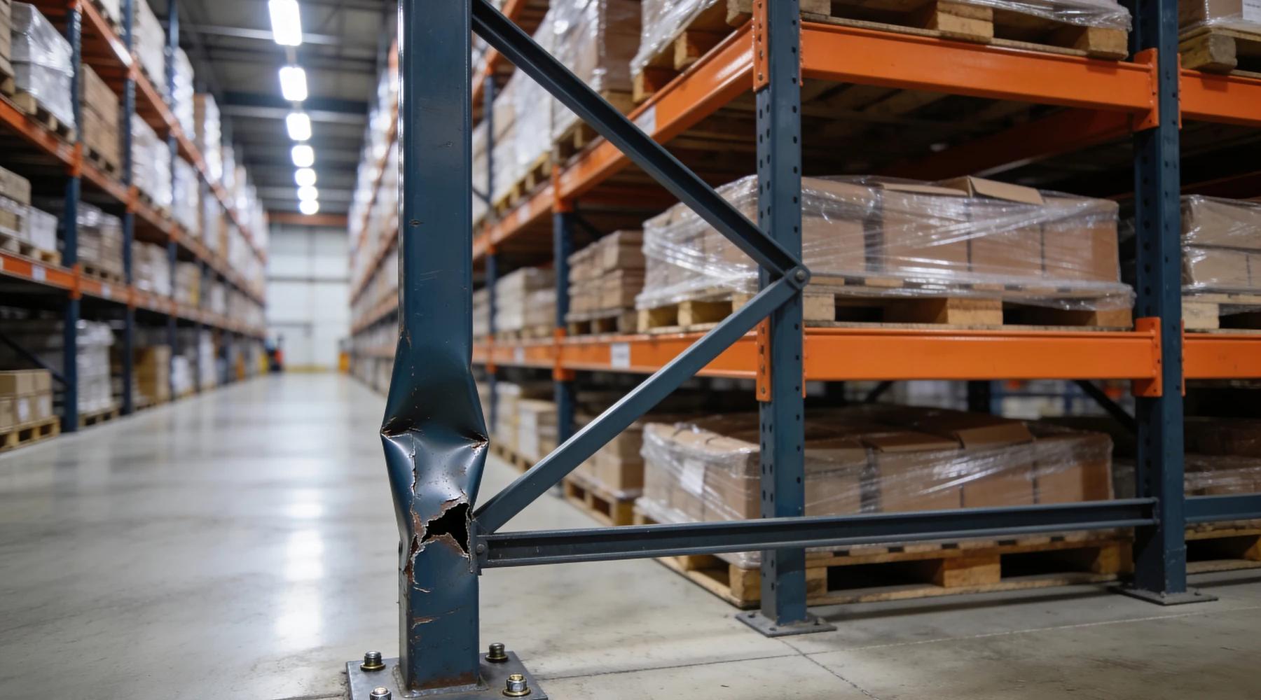Close-up of a badly damaged pallet rack upright in a warehouse aisle: the blue-grey column is buckled and split open at knee height above its anchored base plate, with loaded pallets on orange beams above it