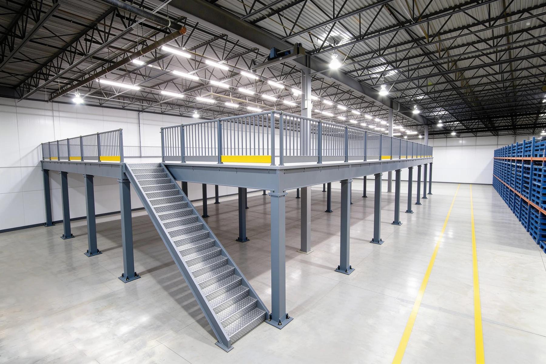 Free-standing steel mezzanine occupying part of an otherwise open warehouse floor, its regular grid of slate-grey square tube columns on bolted base plates standing inside yellow-striped floor markings, with an open deck edged by picket guardrails and yellow kick plates and a straight galvanized stair projecting out onto the slab
