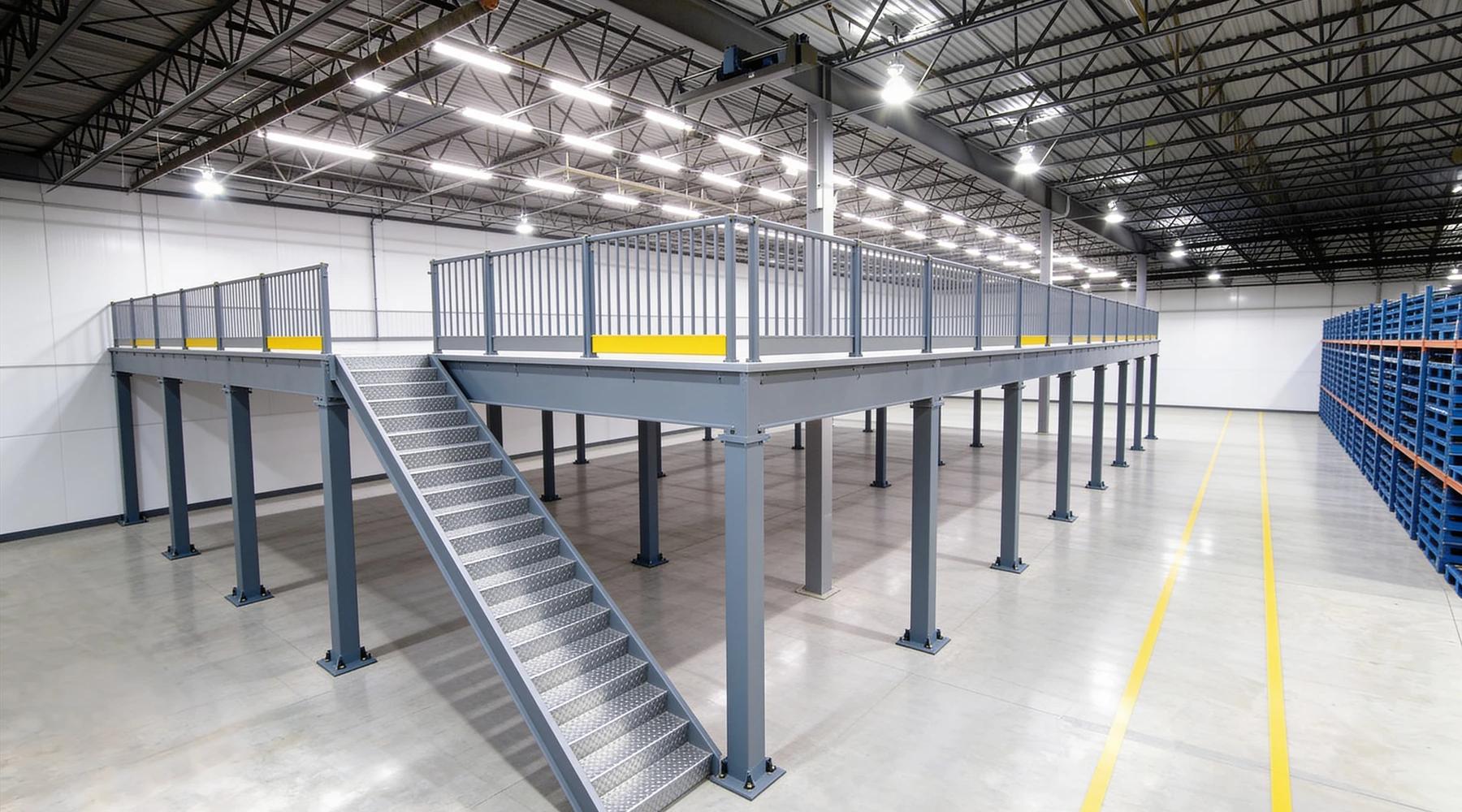 Free-standing steel mezzanine occupying part of an otherwise open warehouse floor, its regular grid of slate-grey square tube columns on bolted base plates standing inside yellow-striped floor markings, with an open deck edged by picket guardrails and yellow kick plates and a straight galvanized stair projecting out onto the slab