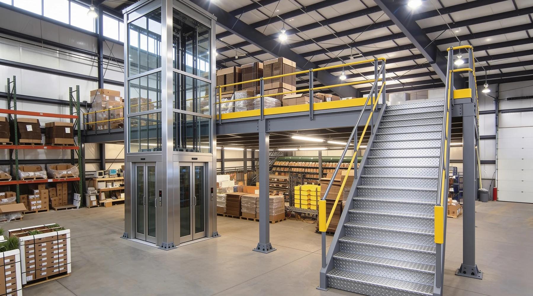 Grey steel storage mezzanine with yellow guardrails and a galvanized tread-plate stair in a bright warehouse, with a tall glass-and-steel enclosed passenger lift shaft standing beside the deck on the ground floor