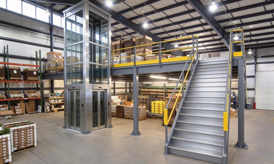Grey steel storage mezzanine with yellow guardrails and a galvanized tread-plate stair in a bright warehouse, with a tall glass-and-steel enclosed passenger lift shaft standing beside the deck on the ground floor