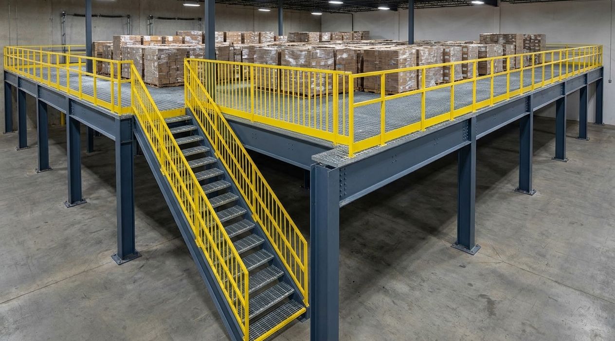 View from below an industrial mezzanine showing the structural steel framework — I-beams, joists, columns, and bolted plate connections in warm directional light