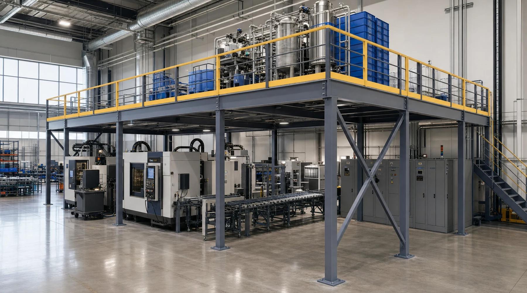 Free-standing structural steel mezzanine inside a manufacturing plant, with slate-blue square tube columns on bolted base plates, C-section beams and X-bracing carrying a guardrailed deck above production machinery and electrical control cabinets on the shop floor