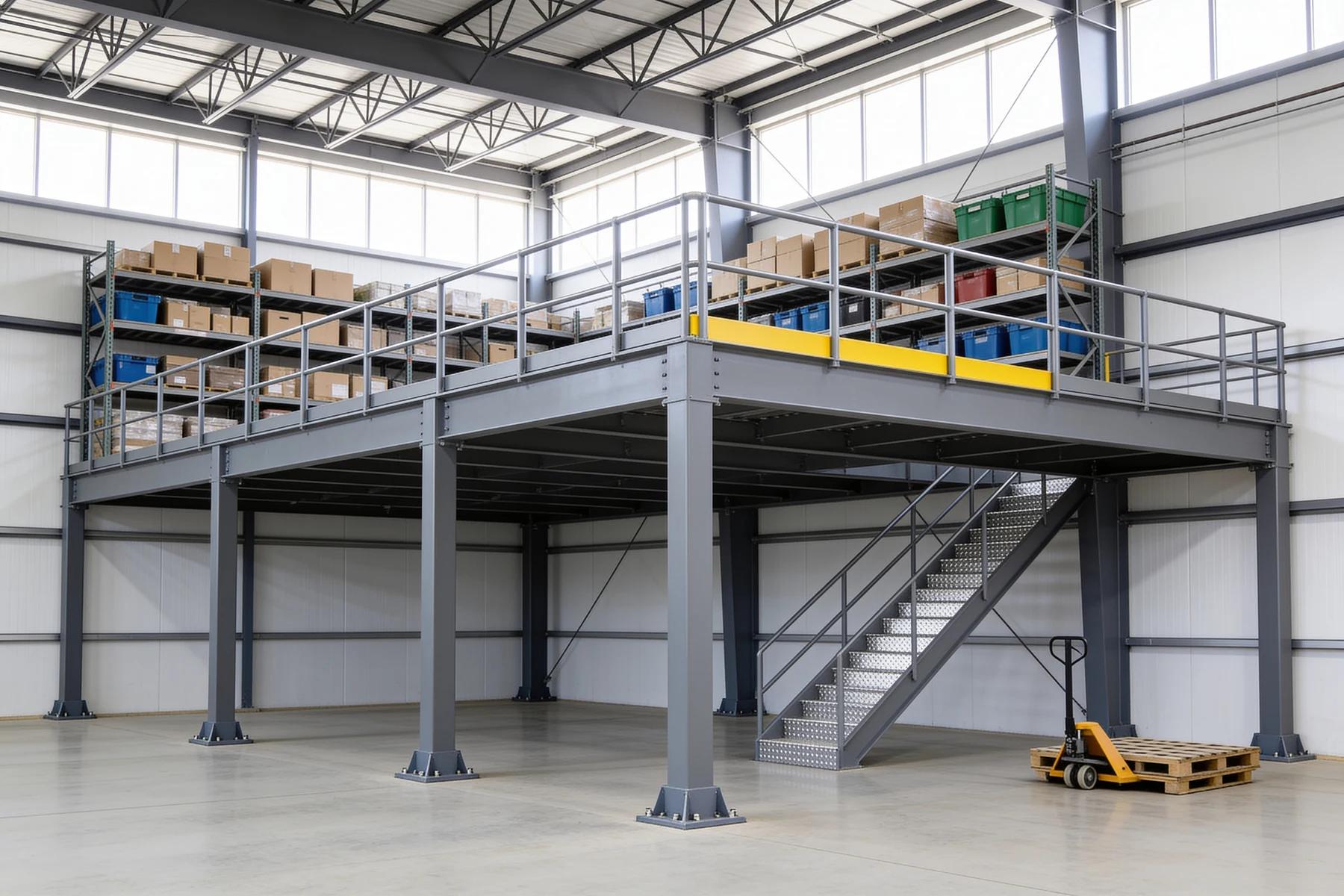 Free-standing structural steel storage mezzanine in a bright warehouse: grey square-tube columns on bolted base plates carry the deck, a steel guardrail with a safety-yellow kick plate section edges the upper level where shelving holds cartons and bins, a galvanized stair rises at the side, and a yellow pallet jack sits beside a wooden pallet on the open floor below