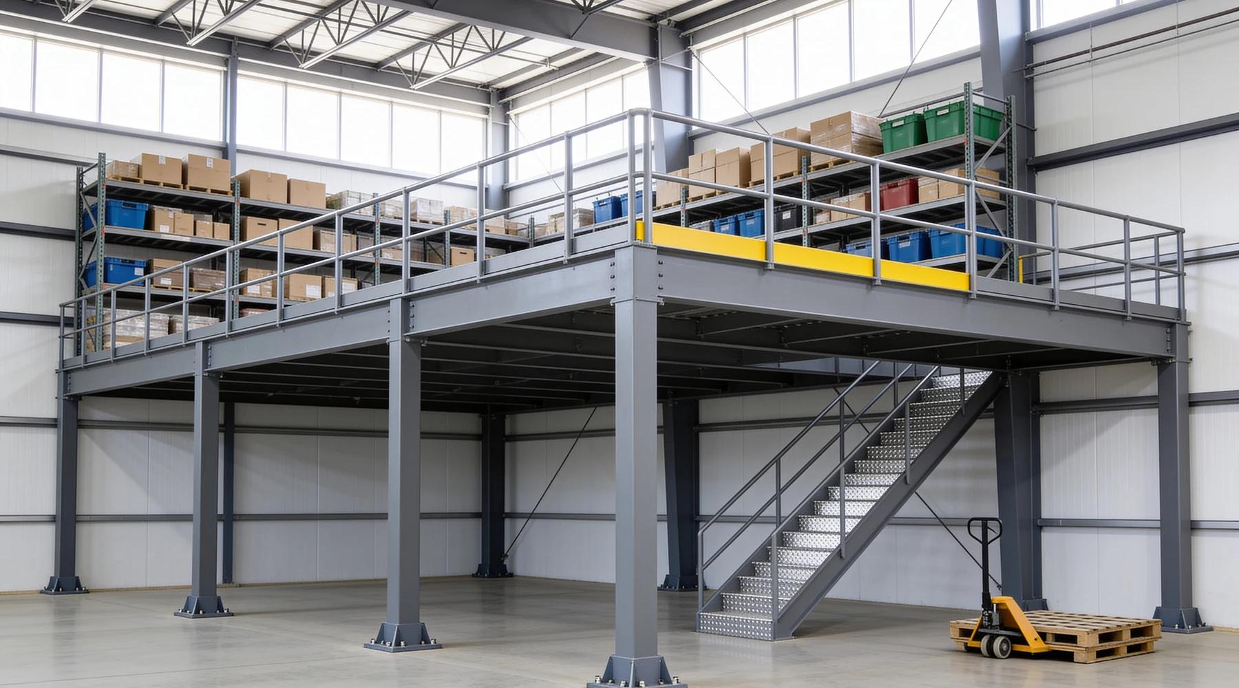 Free-standing structural steel storage mezzanine in a bright warehouse: grey square-tube columns on bolted base plates carry the deck, a steel guardrail with a safety-yellow kick plate section edges the upper level where shelving holds cartons and bins, a galvanized stair rises at the side, and a yellow pallet jack sits beside a wooden pallet on the open floor below