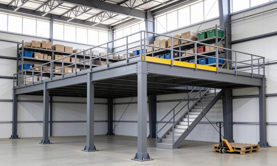 Free-standing structural steel storage mezzanine in a bright warehouse: grey square-tube columns on bolted base plates carry the deck, a steel guardrail with a safety-yellow kick plate section edges the upper level where shelving holds cartons and bins, a galvanized stair rises at the side, and a yellow pallet jack sits beside a wooden pallet on the open floor below