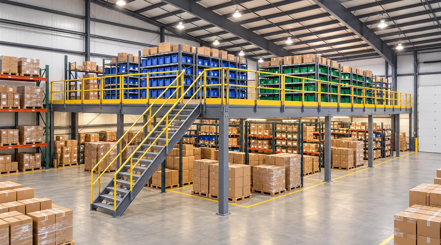 AI-generated concept illustration of a warehouse mezzanine with blue and green tote areas, yellow guards and a complete staircase