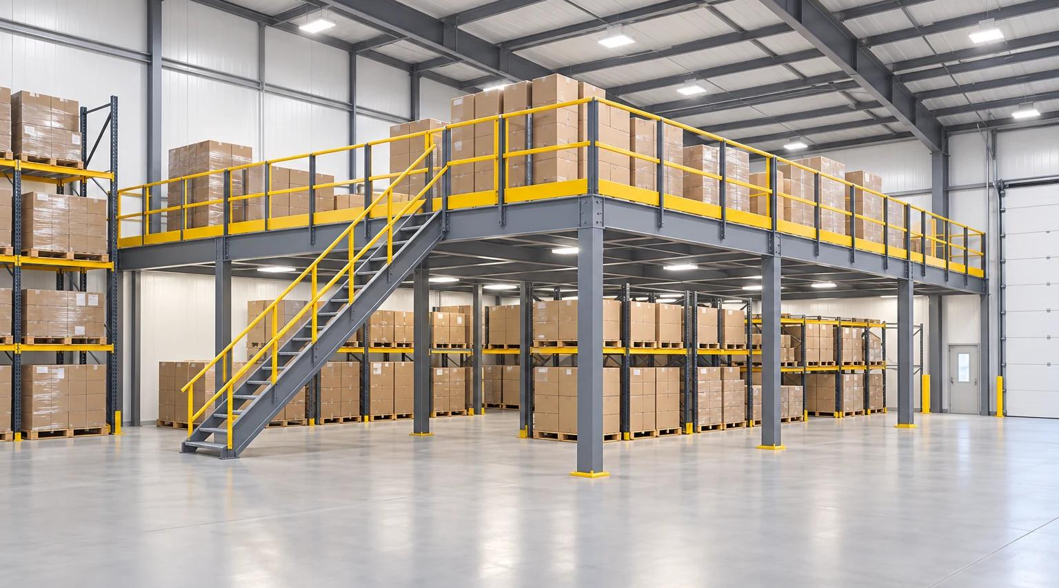 AI-generated concept illustration of a steel mezzanine with yellow guards and stairs in a clean facility holding enclosed cartons