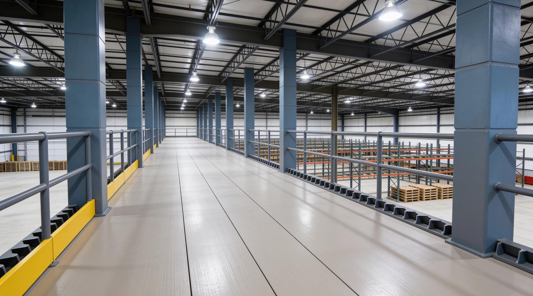 Looking down the length of an industrial steel mezzanine deck with a smooth light-grey coated floor surface, grey tubular guardrails and a safety-yellow kick plate along the open edge, warehouse racking visible below