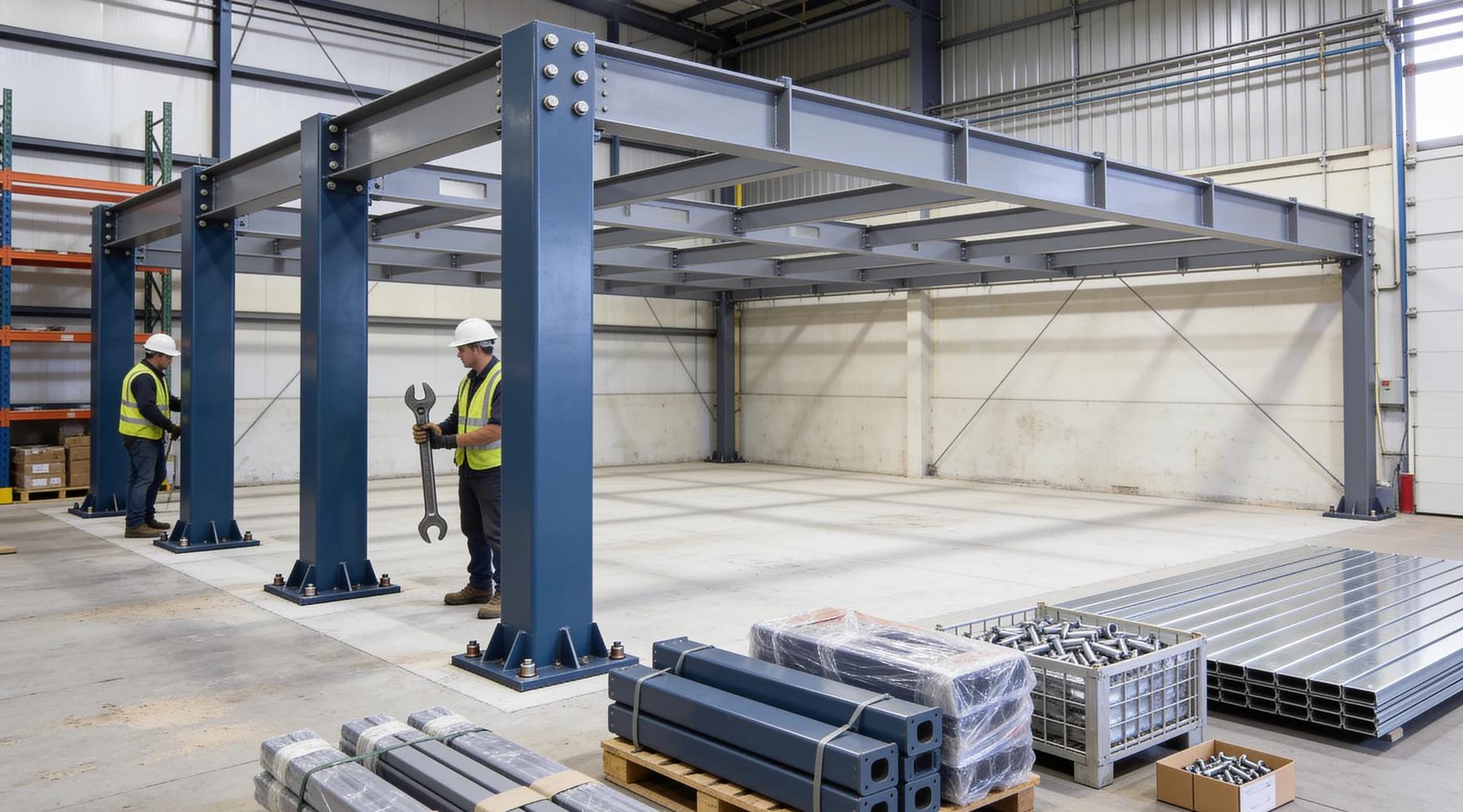 Half-erected steel mezzanine kit in a warehouse: slate-blue columns anchored to the slab with beams bolted between them, open joists with no decking on the right, and banded bundles of unopened kit components staged on the floor