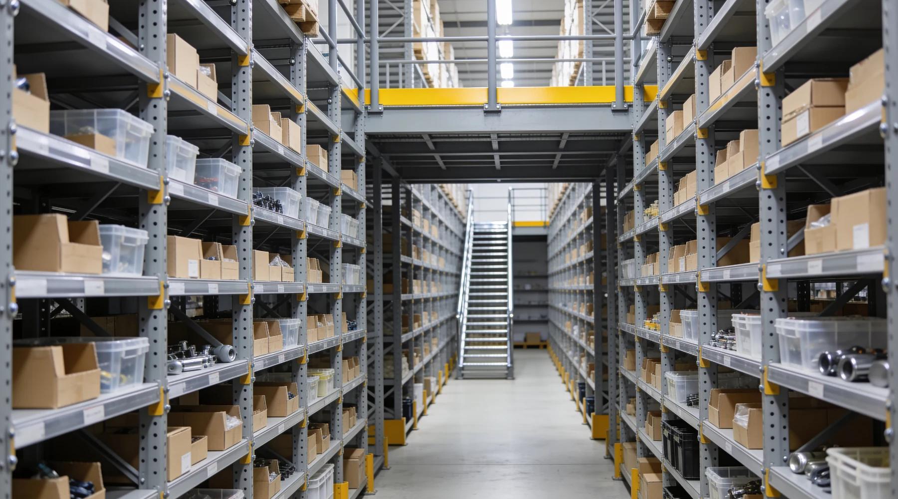 Long aisle between rows of grey light-duty steel shelving loaded with small cartons and clear parts bins, with an elevated second level overhead carrying more shelving behind a guardrail with a safety-yellow toe plate, and a steel staircase climbing to it in the background