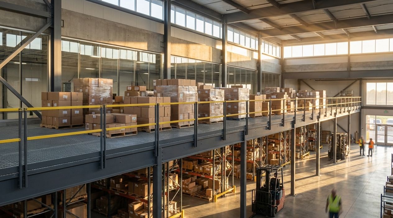 Wide interior view of a modern industrial warehouse with a large engineered steel mezzanine spanning the upper portion of the frame, lit by warm afternoon light from clerestory windows