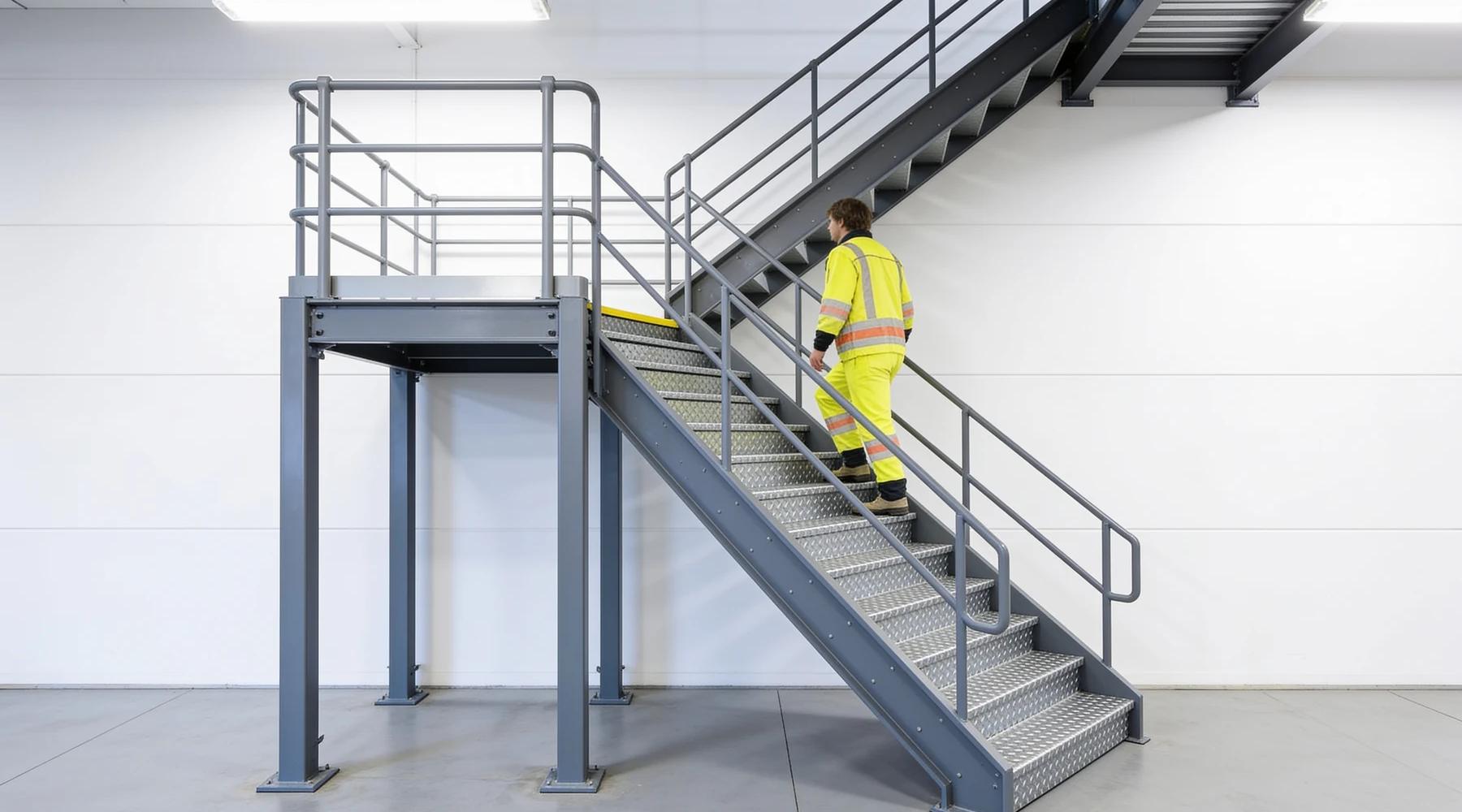 Full side profile of an industrial mezzanine staircase with galvanized treads, mid-height landing and square-tube handrails