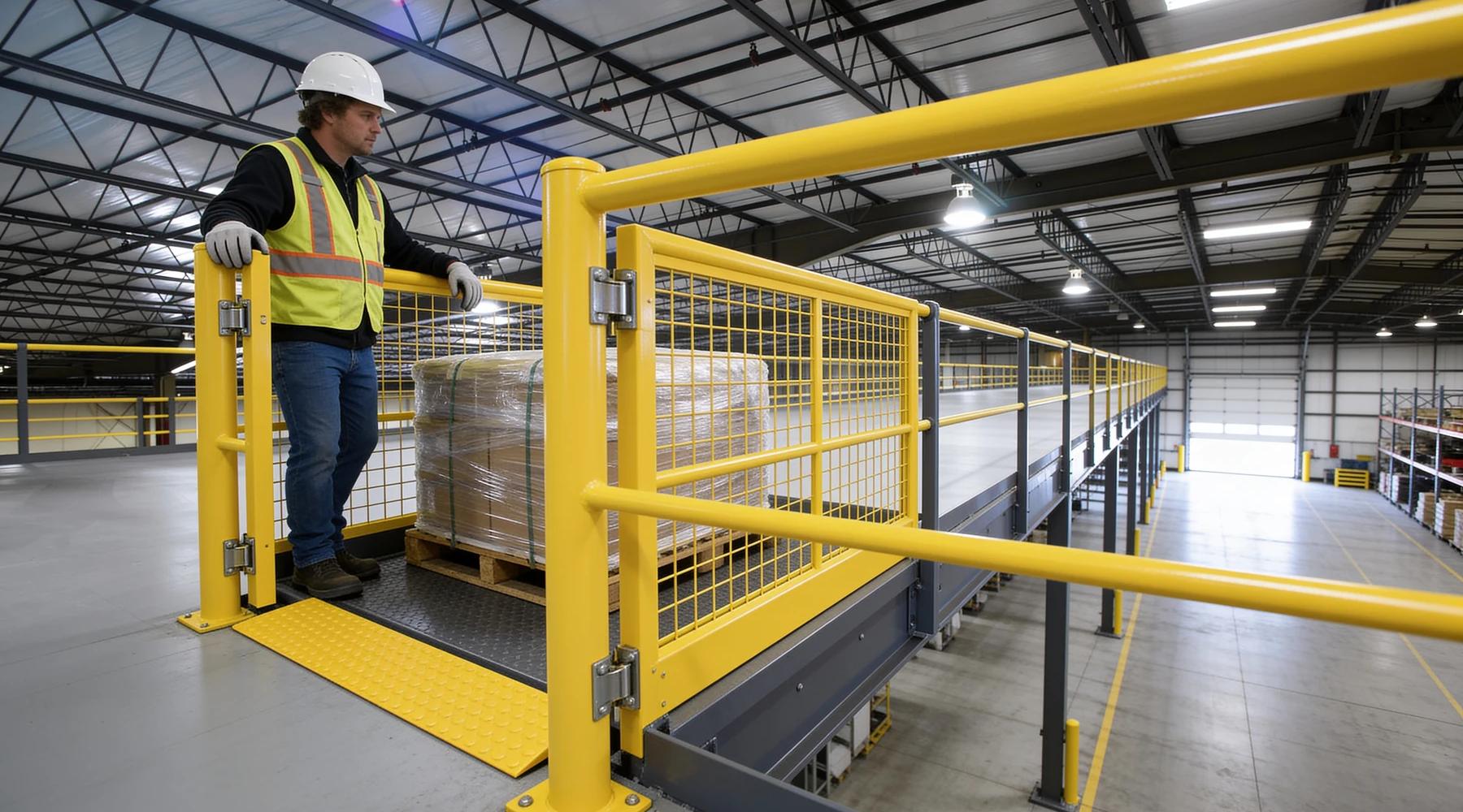 Safety-yellow pivot pallet gate and 42-inch guardrail with toe plate at the loading edge of an industrial mezzanine deck, worker in PPE alongside