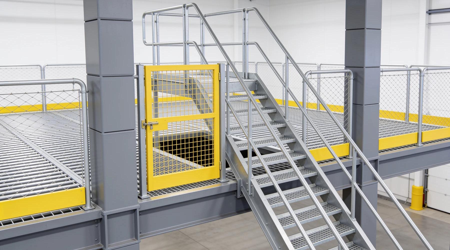 Steel mezzanine deck opening guarded by a safety-yellow self-closing gate and wire-mesh guardrails, reached by a steep galvanized access stair