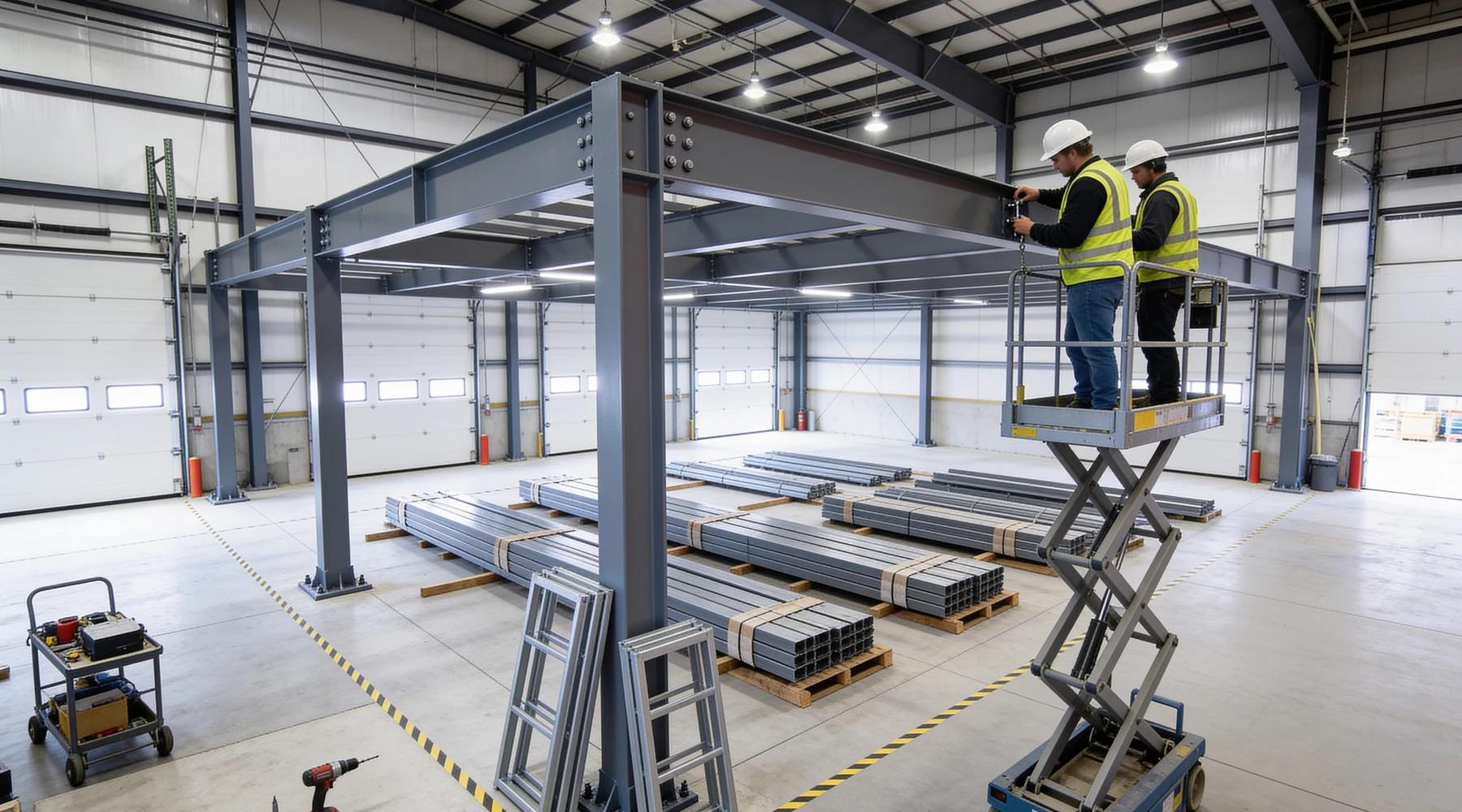 Steel mezzanine mid-installation with columns and primary beams erected, bundles of joists staged on the warehouse floor and installers working from a scissor lift