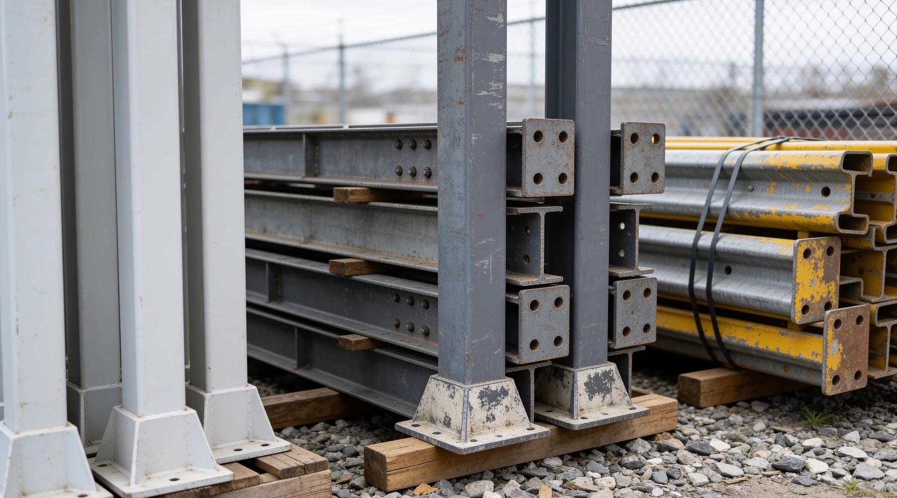 Weathered used mezzanine columns and beams stacked on timber dunnage in a dealer yard beside a newer powder-coated bundle