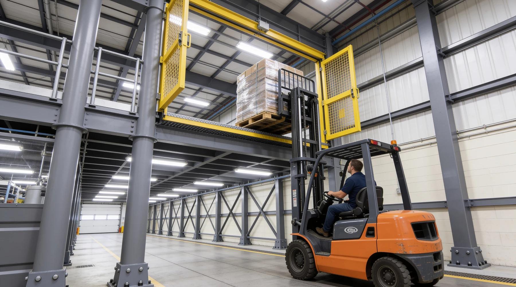 Counterbalance forklift carrying a pallet onto a heavy-duty grey steel mezzanine deck through a raised pallet gate