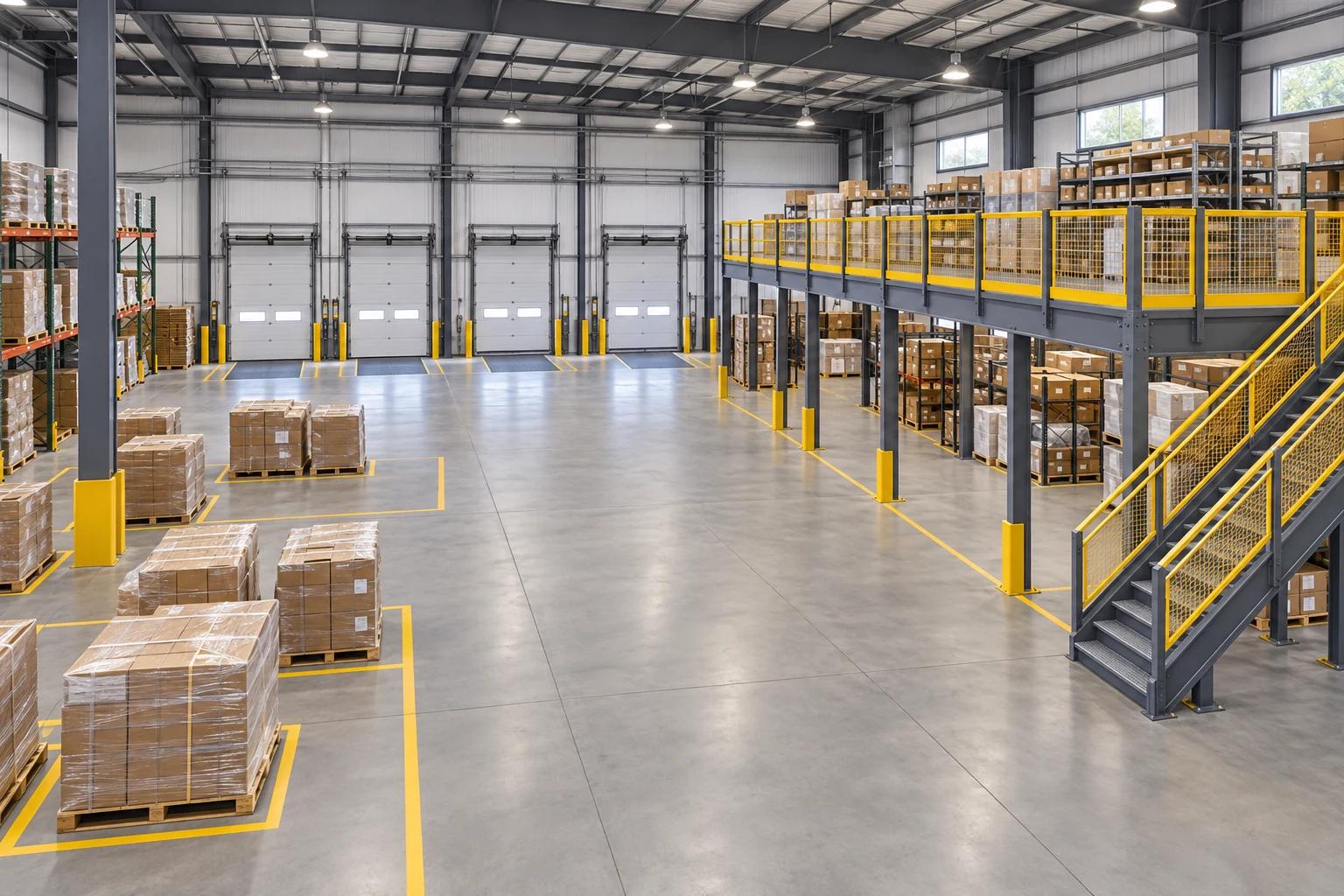 AI-generated concept illustration of a distribution-center receiving floor beside a grey mezzanine with yellow guards