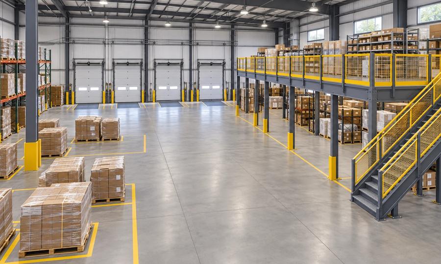 AI-generated concept illustration of a distribution-center receiving floor beside a grey mezzanine with yellow guards