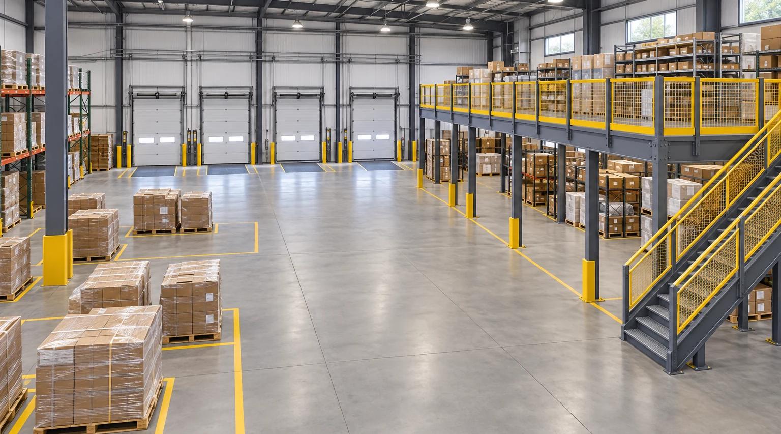 AI-generated concept illustration of a distribution-center receiving floor beside a grey mezzanine with yellow guards