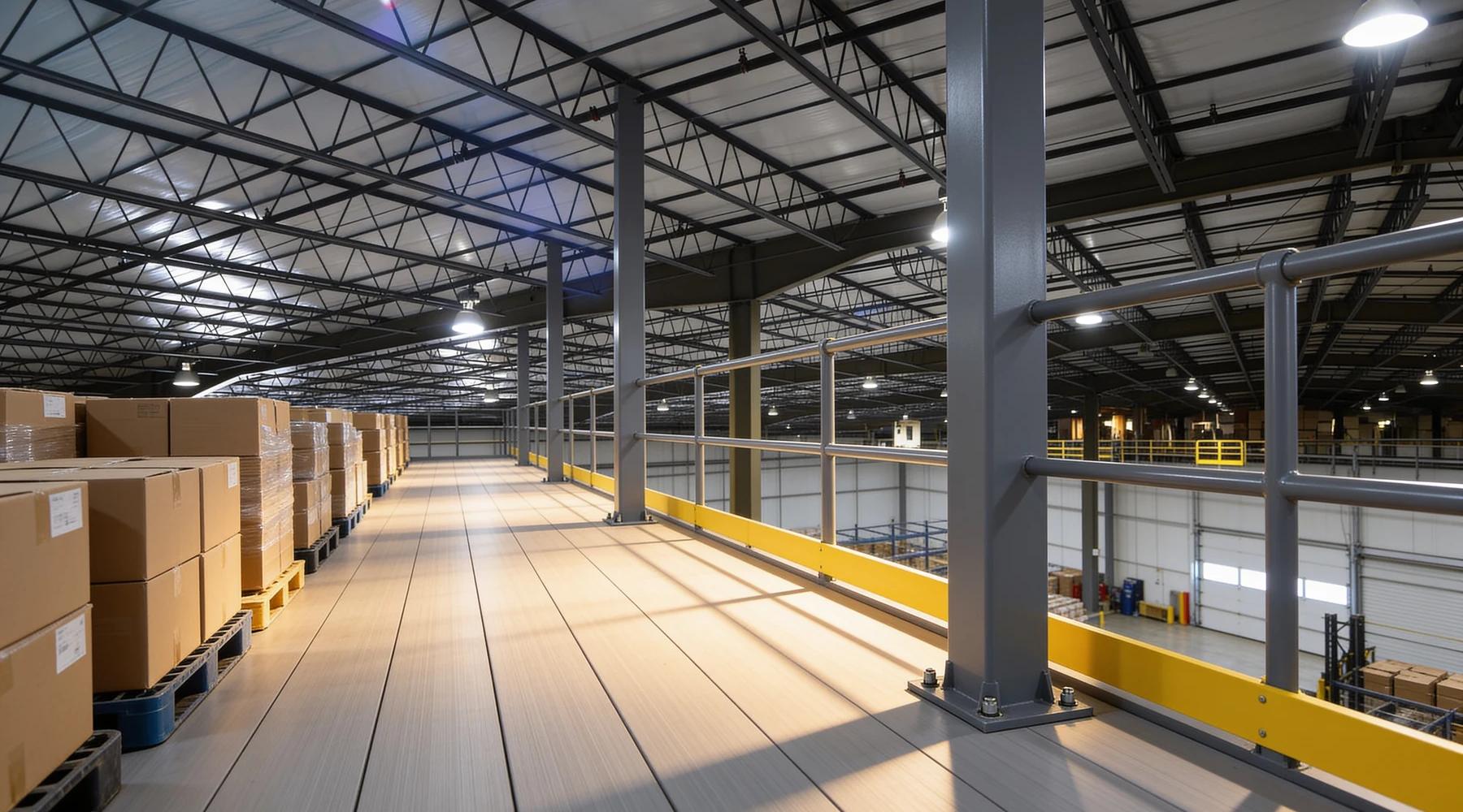 Standing on the upper deck of a steel storage mezzanine looking down a continuous smooth light-grey composite panel floor with visible panel seams, grey tubular guardrail and safety-yellow kick plate along the open edge, cartons on pallets at left