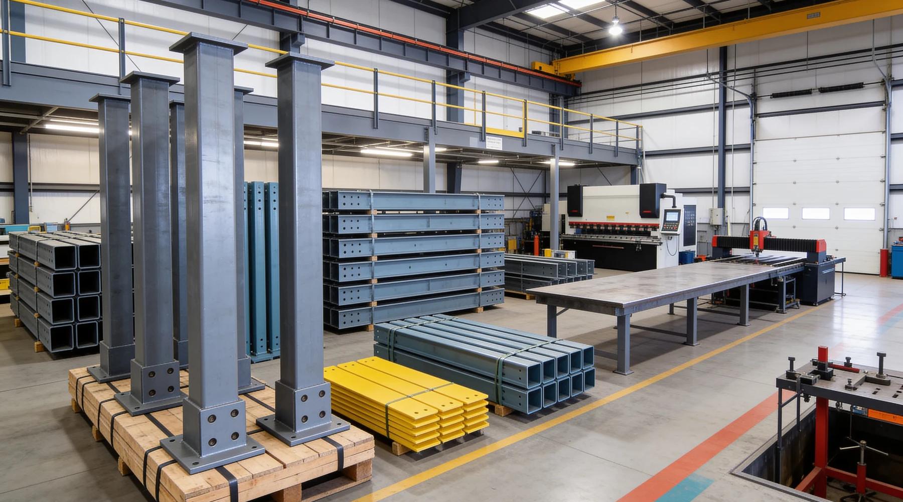 Steel fabrication shop with prefabricated mezzanine components staged for shipping: grey square tube columns with welded base plates standing on strapped skids, racks of pre-punched C-section beams, flat stacks of safety-yellow kick plates, and a press brake and CNC cutting table behind