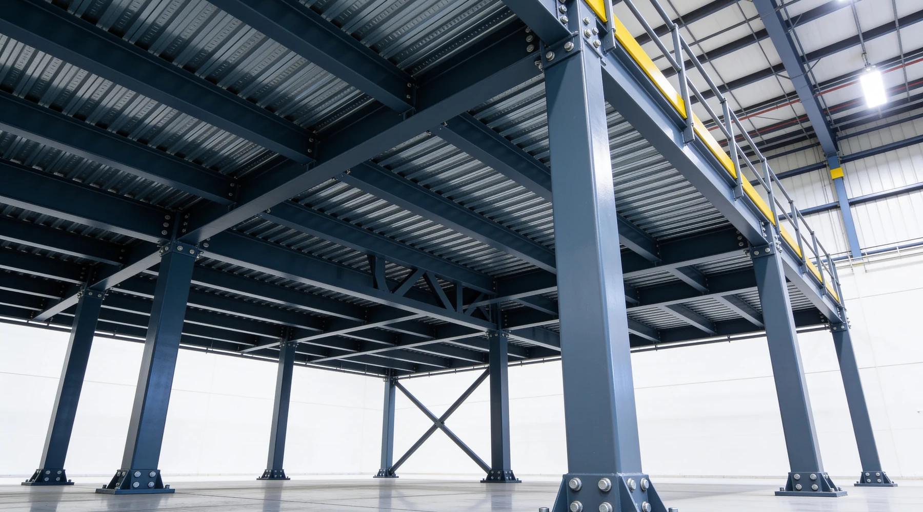 Upward view of the underside of a steel mezzanine floor system: slate-blue main beams spanning between square tube columns on bolted base plates, closely spaced secondary joists above them, the ribbed underside of steel deck pan, and X-bracing in a rear bay