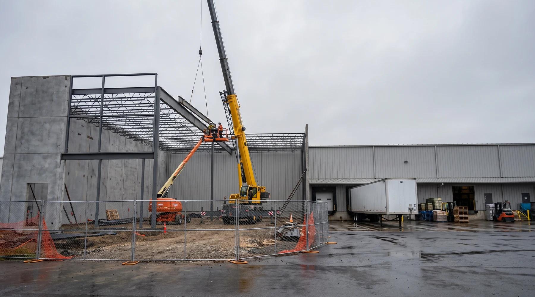Exterior of a warehouse with a steel-framed building addition under construction beside active loading docks on an overcast day