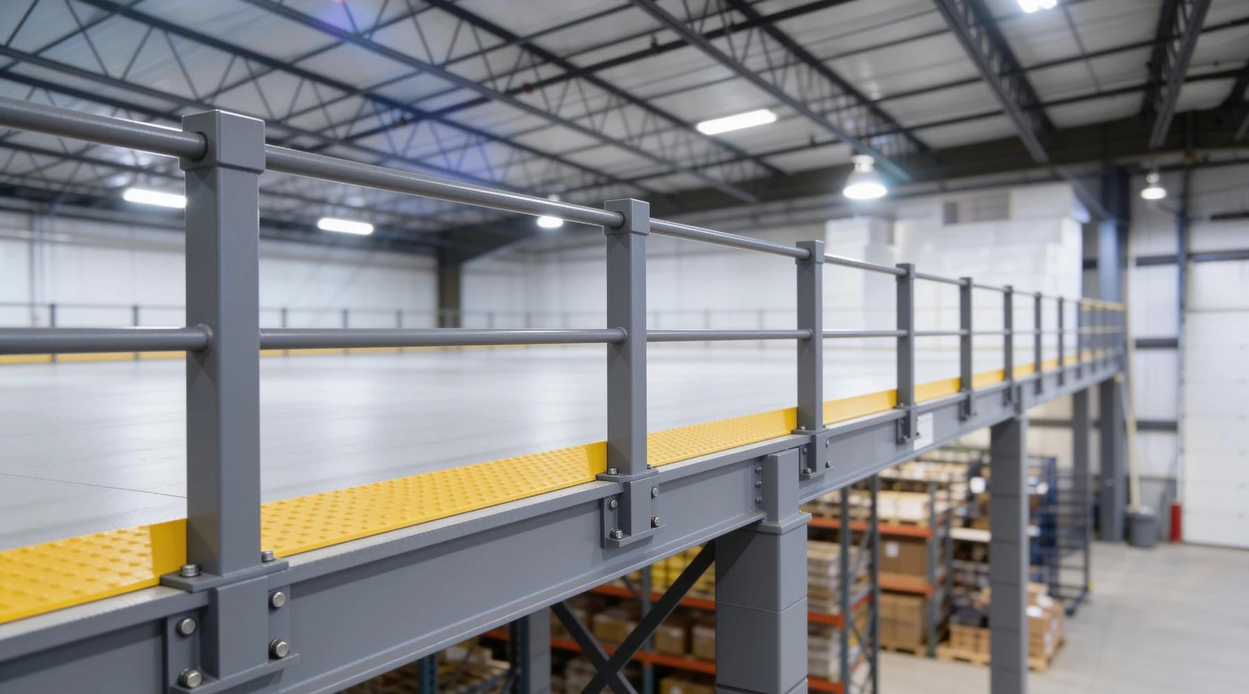 Perimeter guardrail along the open edge of an elevated steel mezzanine deck — grey square-tube posts on bolted base plates, a top rail and one intermediate rail, and a continuous safety-yellow kick plate