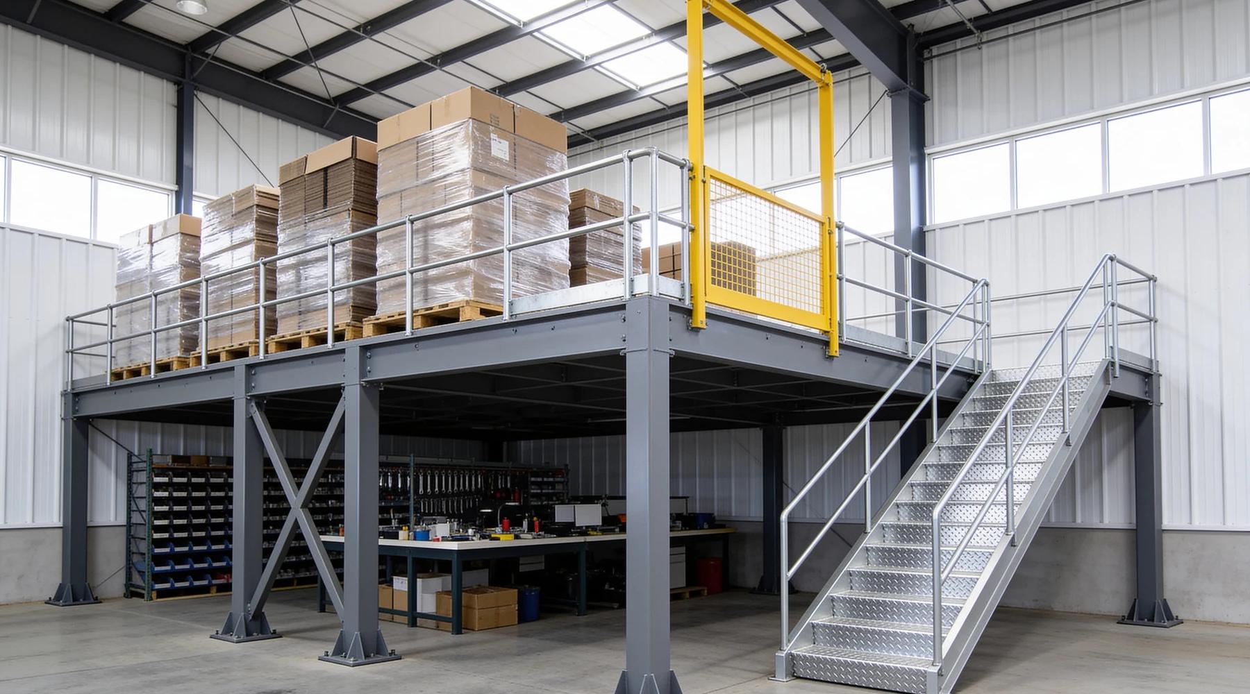Free-standing industrial steel mezzanine with grey square tube columns, X-bracing and a safety-yellow pallet gate in a distribution warehouse, pallet storage on the deck and a parts workspace below
