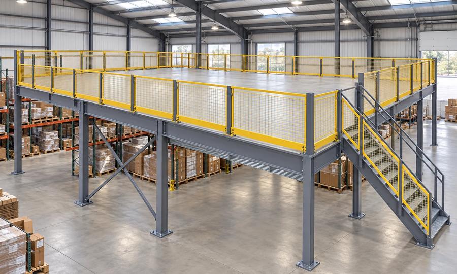 AI-generated concept illustration of a grey steel mezzanine with a smooth concrete floor, yellow mesh guardrails and a separate staircase