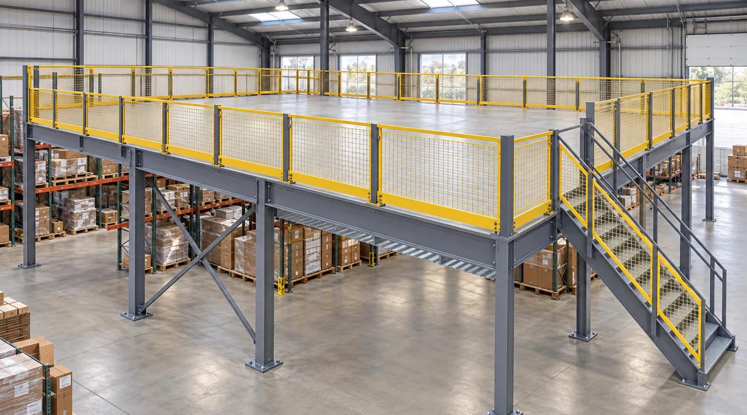 AI-generated concept illustration of a grey steel mezzanine with a smooth concrete floor, yellow mesh guardrails and a separate staircase