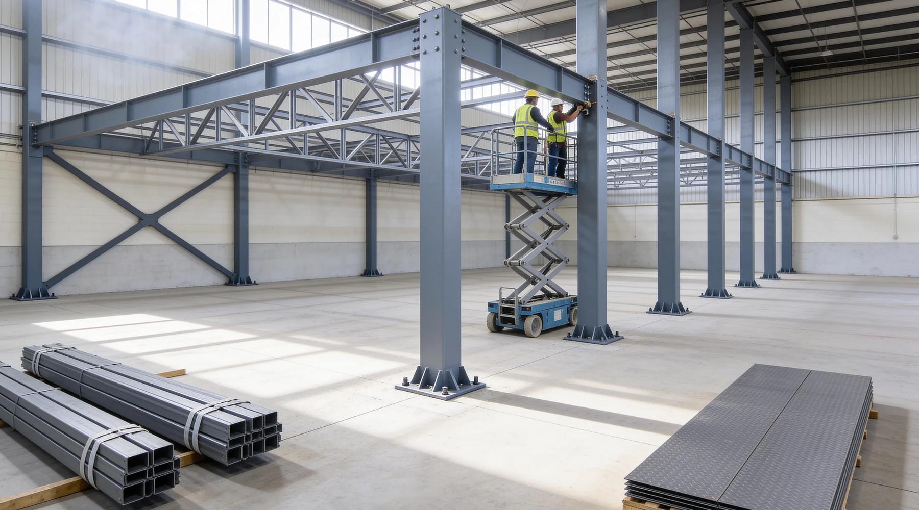 Partially erected steel mezzanine in an empty warehouse: grey square-tube columns on bolted base plates carry bolted main beams and one bay of open-web joists, with X-bracing in an end bay, two erectors working from a scissor lift, and bundled joists and stacked deck panels on the concrete floor