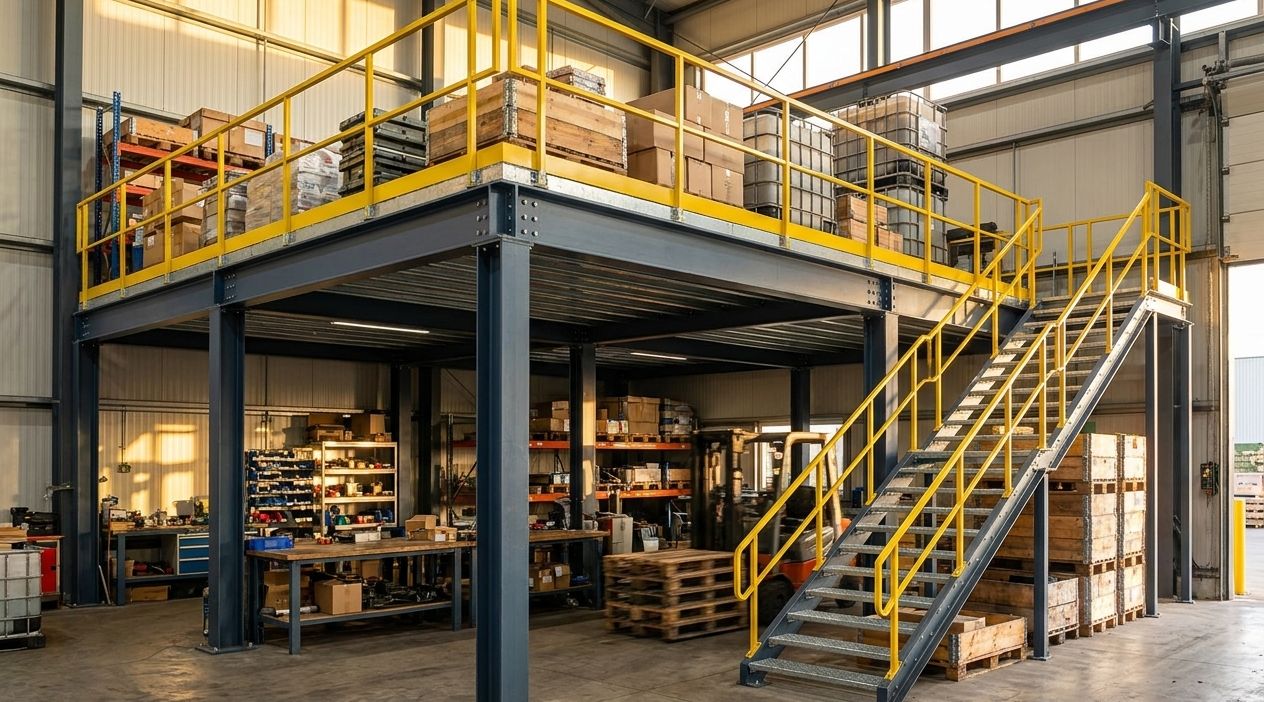 Wide interior view of a fully-utilized industrial mezzanine in a warehouse showing pallet storage on the upper level and organized workspace below in warm afternoon light