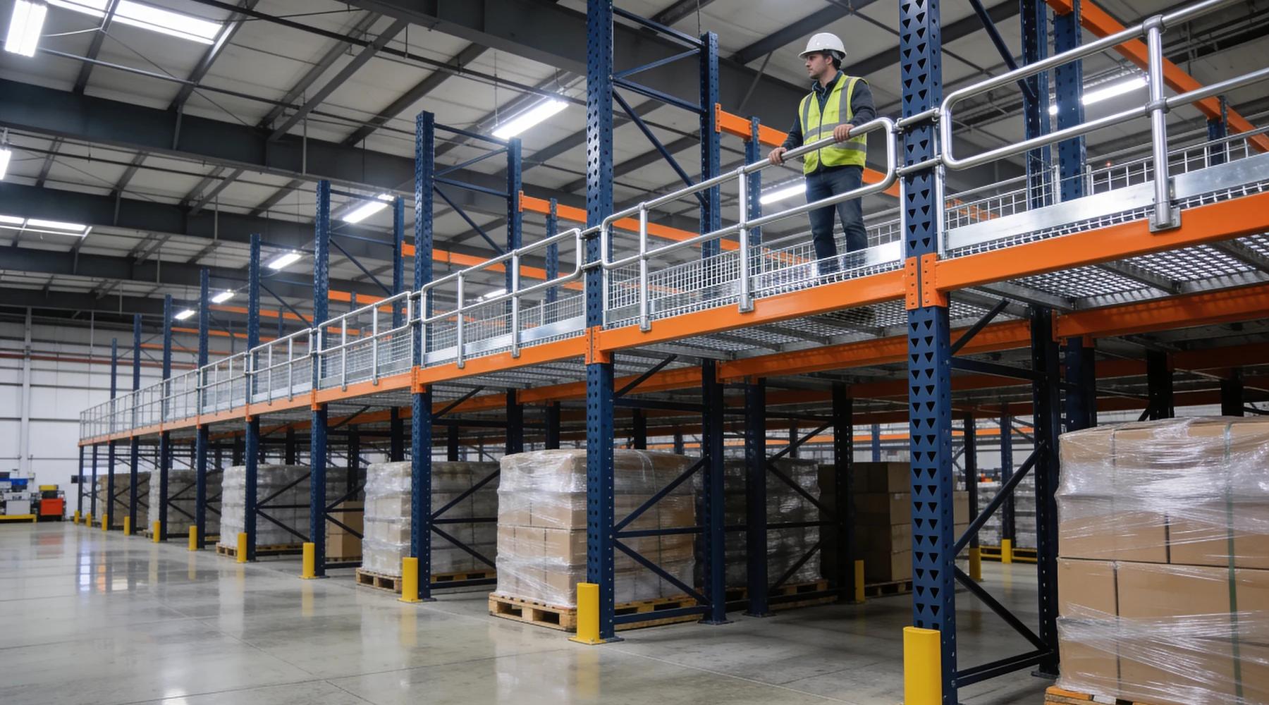 Multi-level rack-supported mezzanine in a distribution center: roll-formed teardrop rack uprights carrying an elevated grating platform with 42-inch guardrails, pallet storage continuing in the bays below