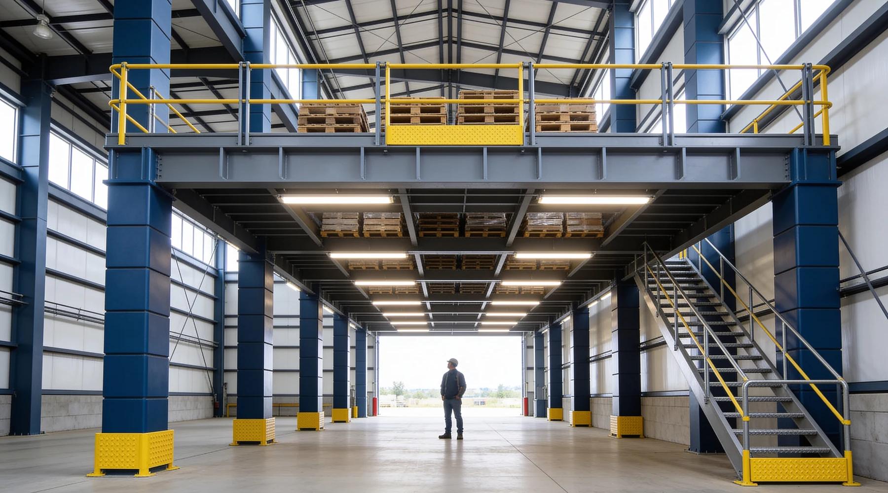 Tall warehouse interior showing a steel mezzanine with clear headroom below the deck and open air above the stored pallets, worker for scale