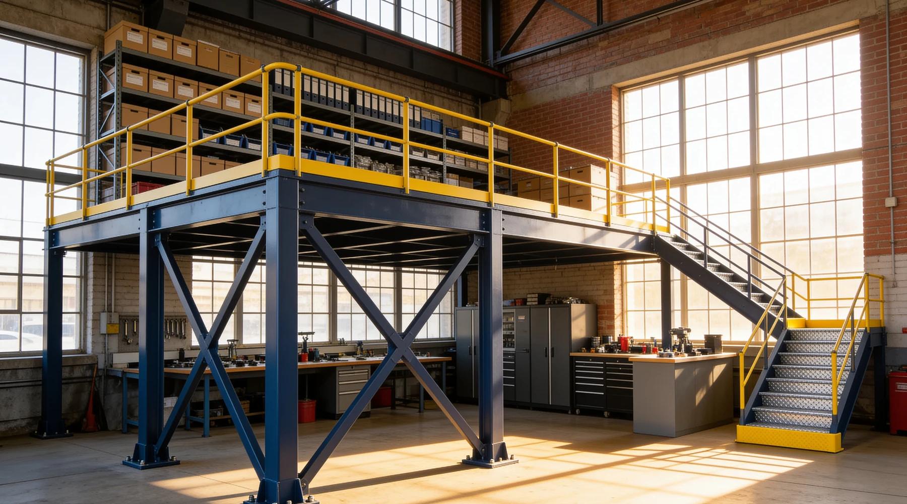 Free-standing structural steel mezzanine in slate blue with prominent X-bracing, safety-yellow guardrails and a galvanized staircase in warm afternoon light