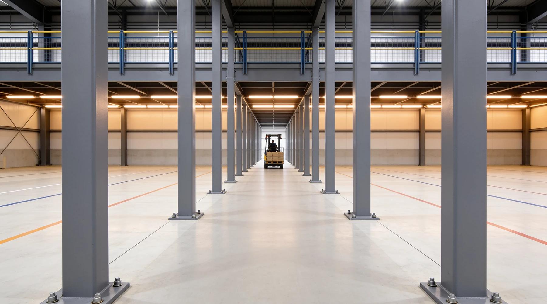 One-point perspective down a line of evenly spaced grey mezzanine columns with a forklift crossing the aisle between them