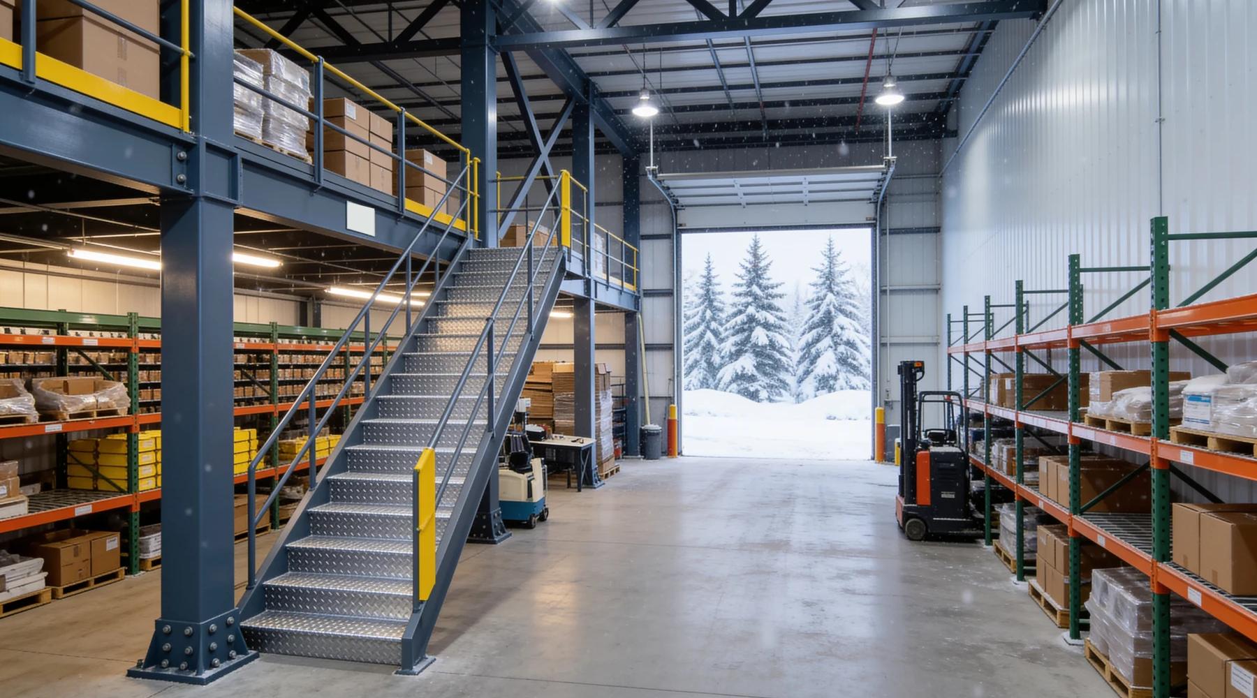 Slate-blue steel storage mezzanine with yellow guardrails and a galvanized stair in a warehouse, with an open loading dock door showing snow-covered evergreen trees outside