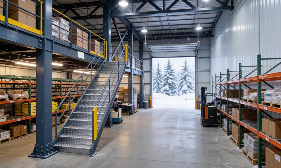 Slate-blue steel storage mezzanine with yellow guardrails and a galvanized stair in a warehouse, with an open loading dock door showing snow-covered evergreen trees outside