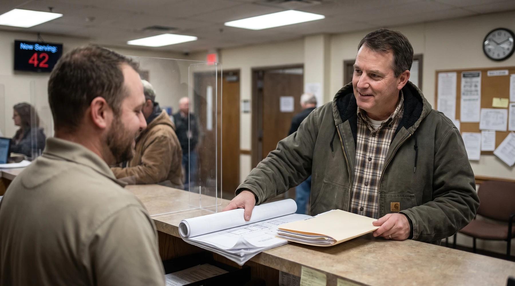 Facility manager submitting rolled structural drawings at a municipal building department permit counter