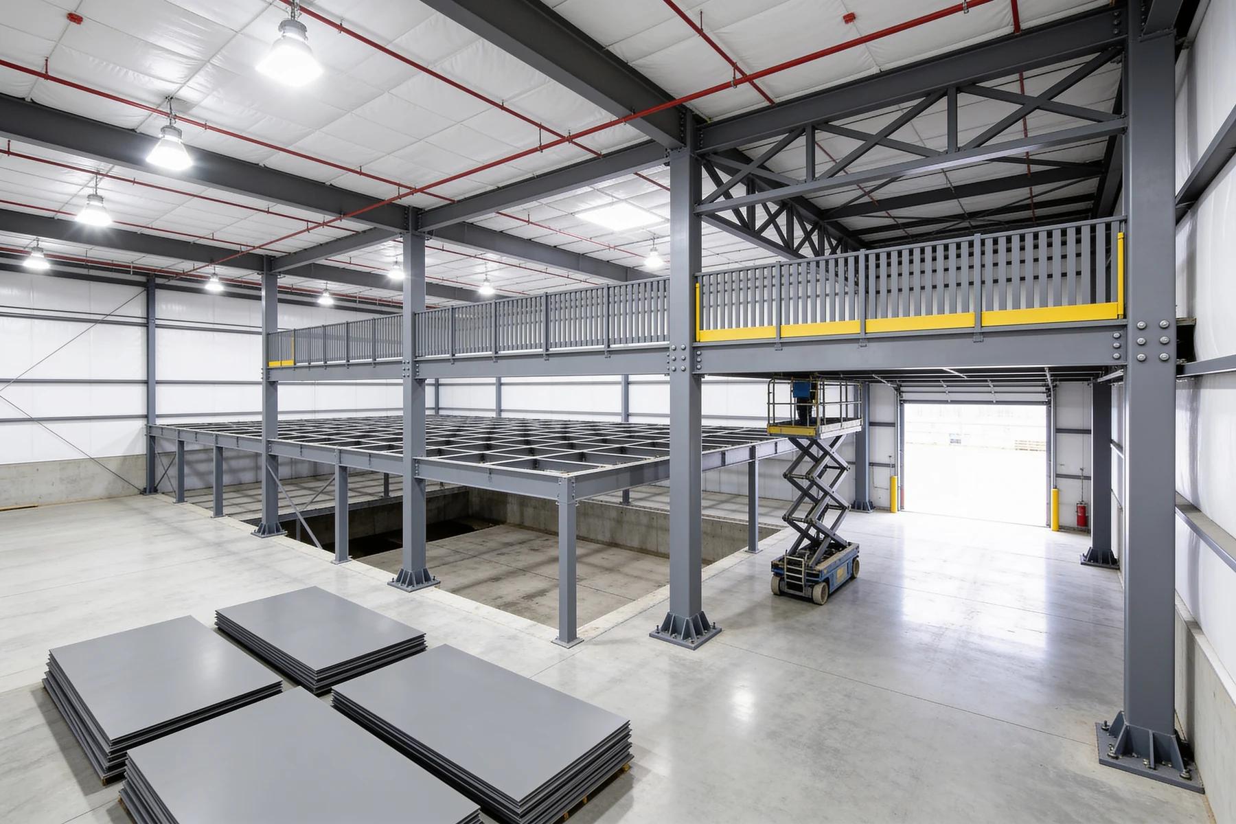 Free-standing grey steel mezzanine part-way through dismantling inside an empty warehouse, the decking stripped from the left half to expose the bare grid of beams and joists while the right half still carries its picket guardrail and yellow kick plate, with grey deck panels stacked flat on the slab in the foreground and a scissor lift parked under the open bay