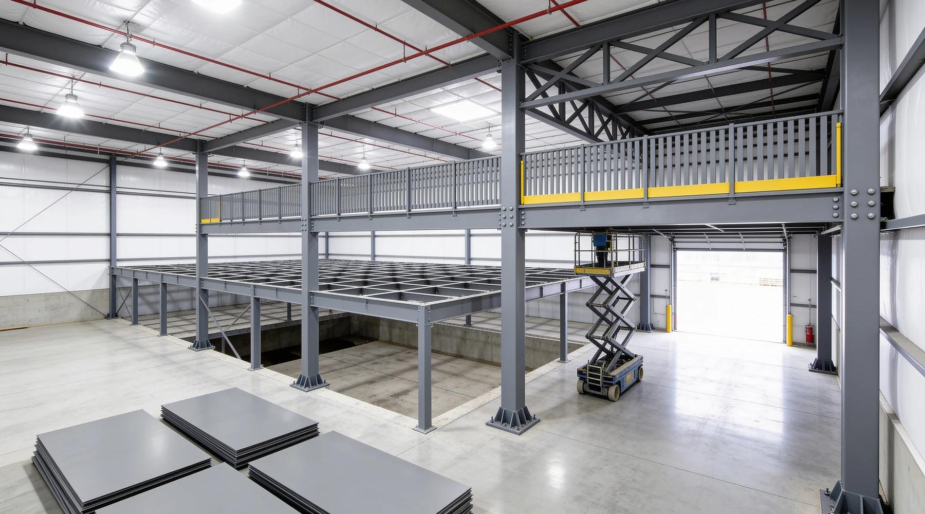 Free-standing grey steel mezzanine part-way through dismantling inside an empty warehouse, the decking stripped from the left half to expose the bare grid of beams and joists while the right half still carries its picket guardrail and yellow kick plate, with grey deck panels stacked flat on the slab in the foreground and a scissor lift parked under the open bay