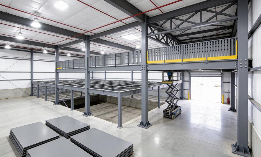 Free-standing grey steel mezzanine part-way through dismantling inside an empty warehouse, the decking stripped from the left half to expose the bare grid of beams and joists while the right half still carries its picket guardrail and yellow kick plate, with grey deck panels stacked flat on the slab in the foreground and a scissor lift parked under the open bay