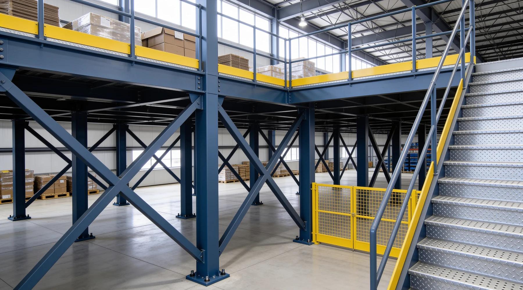 Slate-blue steel storage mezzanine in a bright warehouse with diagonal X-bracing in several bays between square tube columns, yellow guardrails and kick plates, a safety-yellow mesh gate, galvanized dimple-tread stairs and cartons on the deck