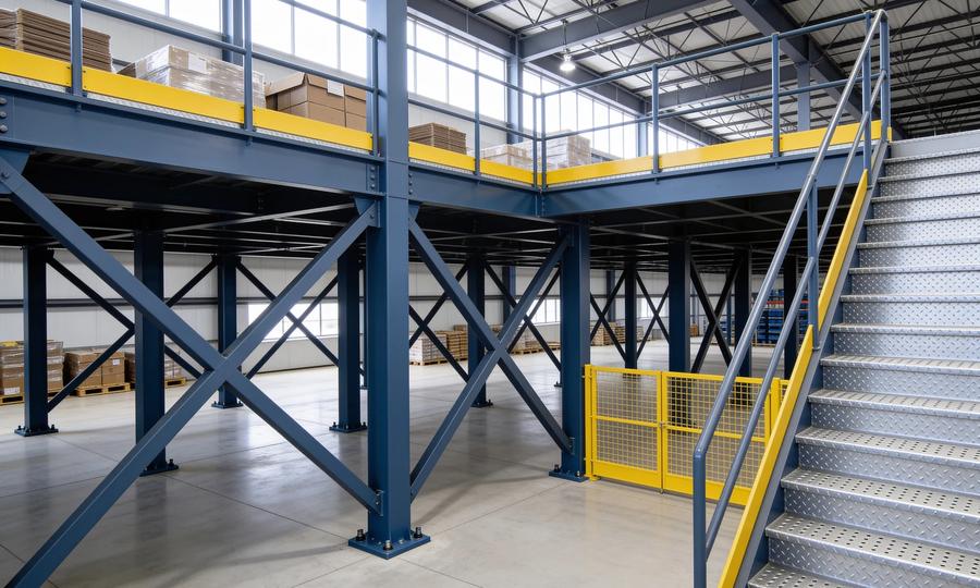 Slate-blue steel storage mezzanine in a bright warehouse with diagonal X-bracing in several bays between square tube columns, yellow guardrails and kick plates, a safety-yellow mesh gate, galvanized dimple-tread stairs and cartons on the deck