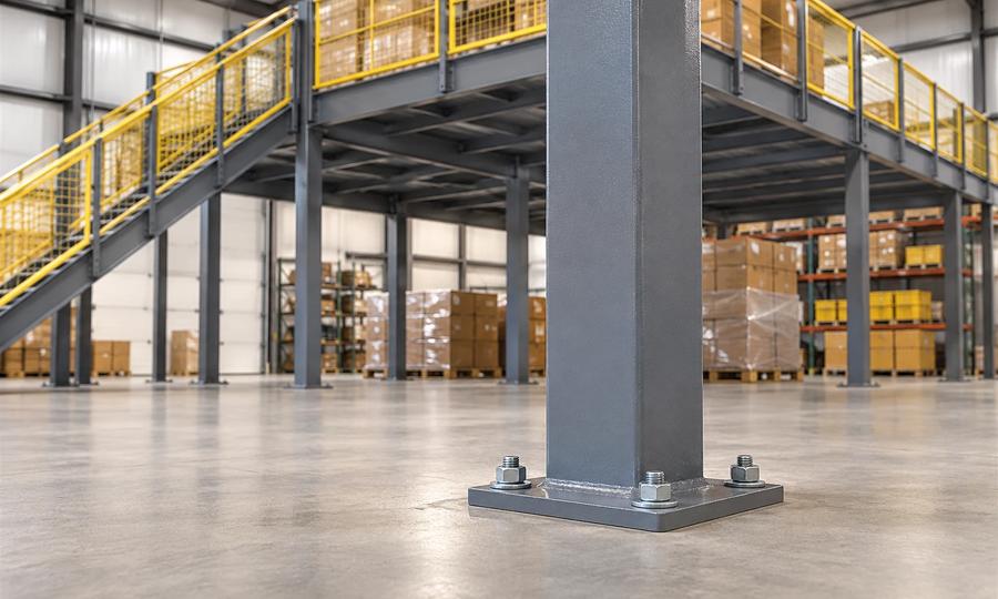 AI-generated concept illustration of a grey mezzanine column base plate and anchor nuts on a warehouse slab