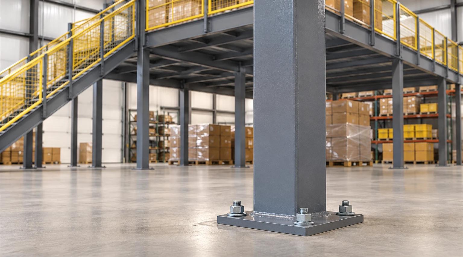 AI-generated concept illustration of a grey mezzanine column base plate and anchor nuts on a warehouse slab
